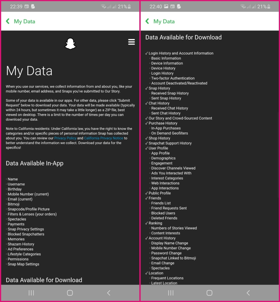 Snapchat Meine Daten